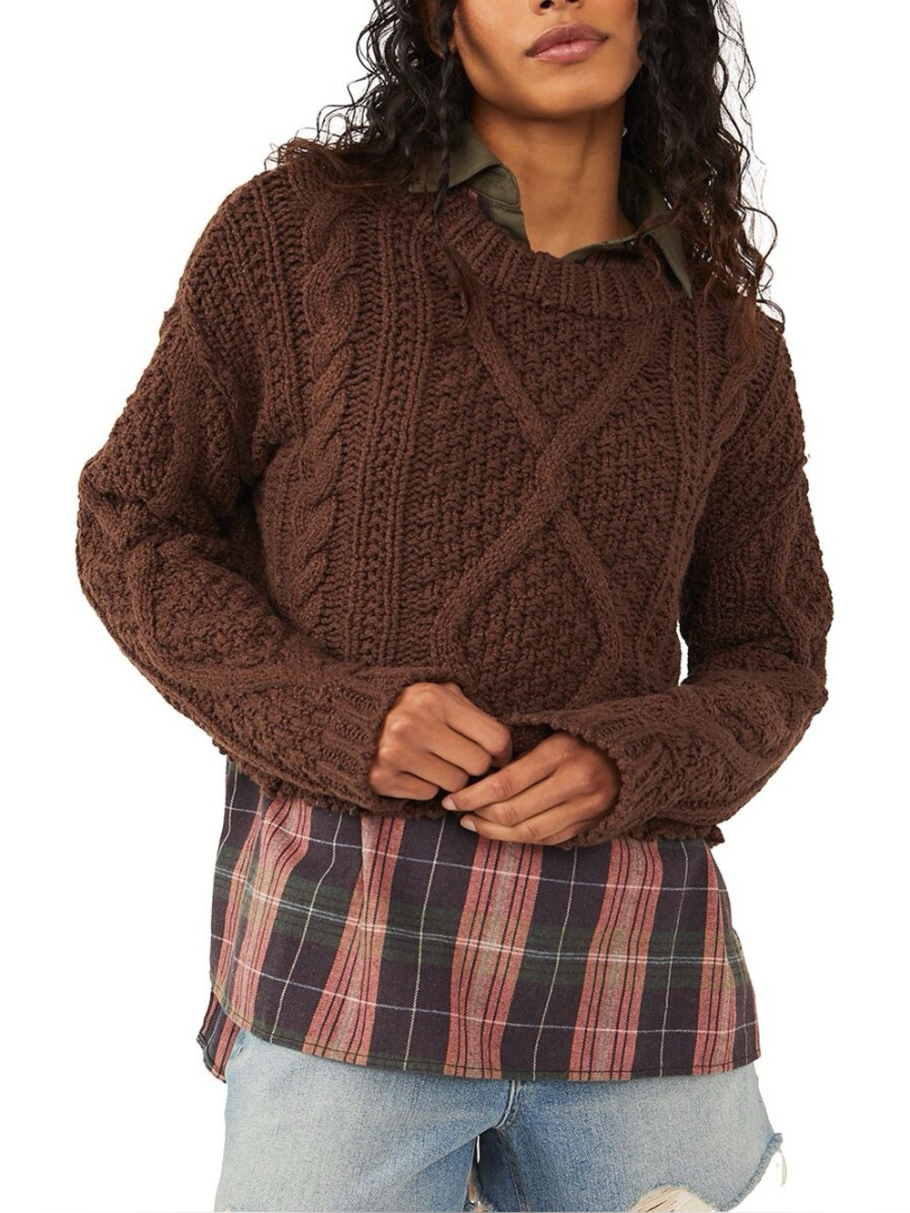 Free People Cutting Edge Chocolate Brown Cable Knit Sweater Small